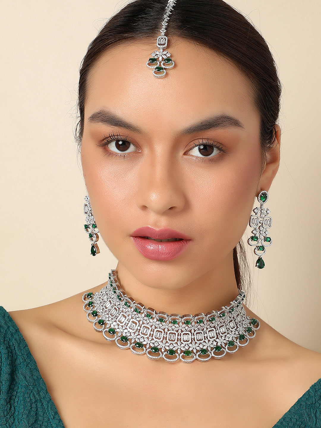 SILVER PLATED AMERICAN DIAMOND AND DESIGNER STONE NECKLACE AND EARRING SET