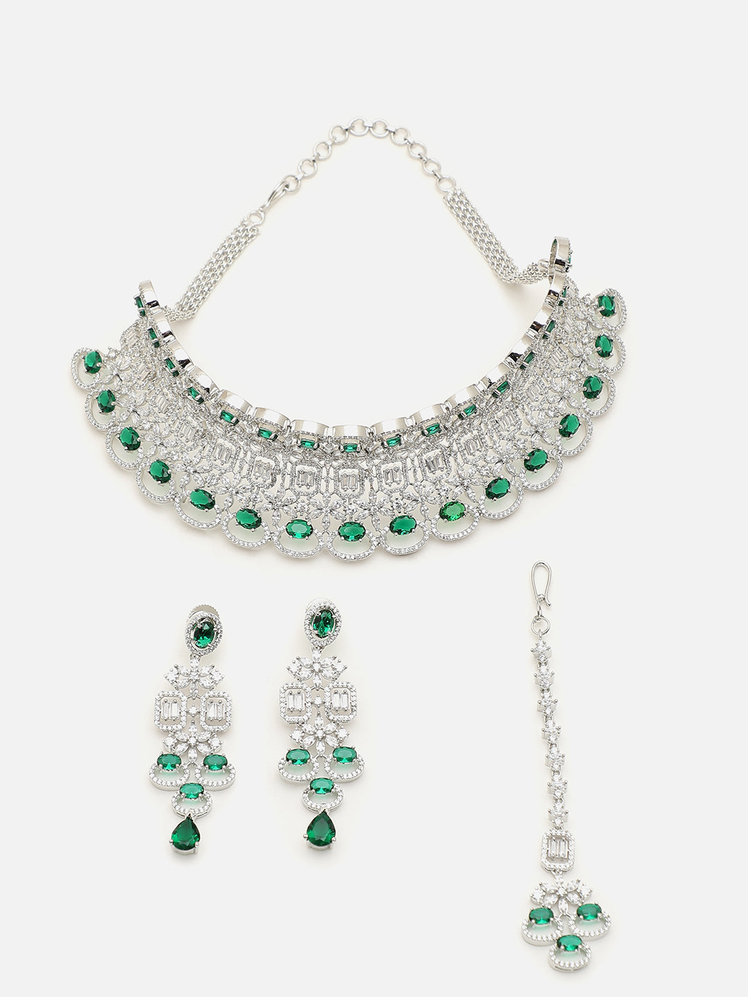 SILVER PLATED AMERICAN DIAMOND AND DESIGNER STONE NECKLACE AND EARRING SET