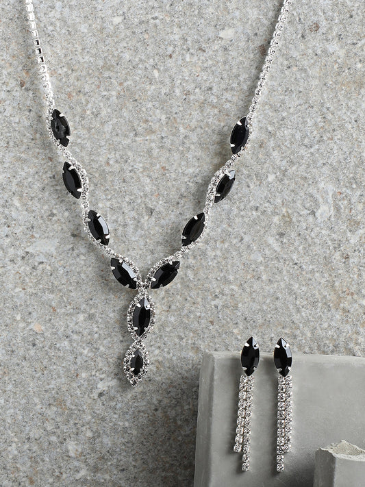SILVER PLATED PARTY DESIGNER STONE NECKLACE AND EARRING SET FOR WOMEN