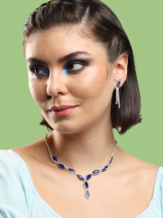 SILVER PLATED PARTY DESIGNER STONE NECKLACE AND EARRING SET FOR WOMEN