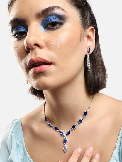 SILVER PLATED PARTY DESIGNER STONE NECKLACE AND EARRING SET FOR WOMEN