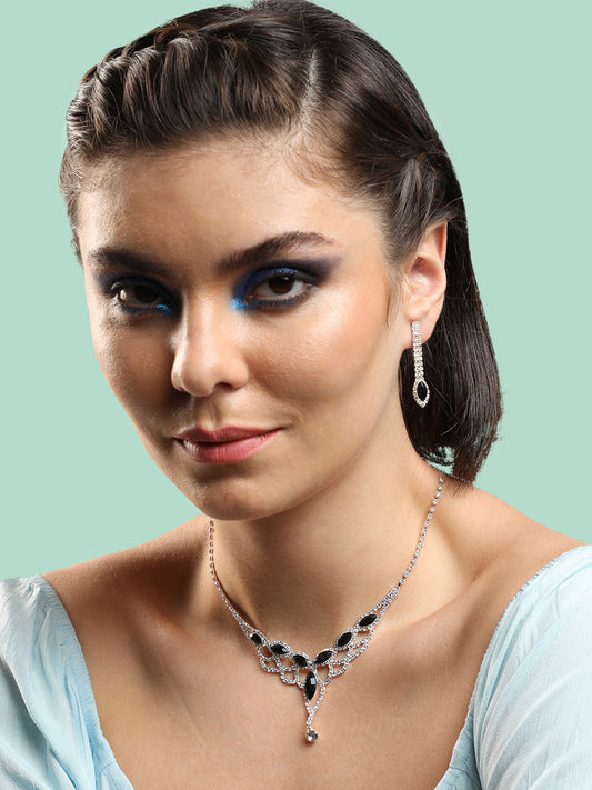 SILVER PLATED PARTY DESIGNER STONE NECKLACE AND EARRING SET FOR WOMEN
