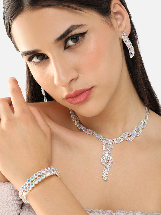 Silver Plated Party Designer Stone Necklace, Earring And Bracelet Set For Women