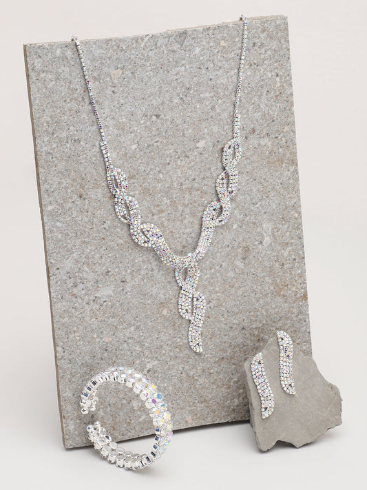 Silver Plated Party Designer Stone Necklace, Earring And Bracelet Set For Women
