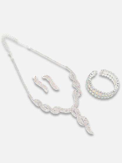 Silver Plated Party Designer Stone Necklace, Earring And Bracelet Set For Women