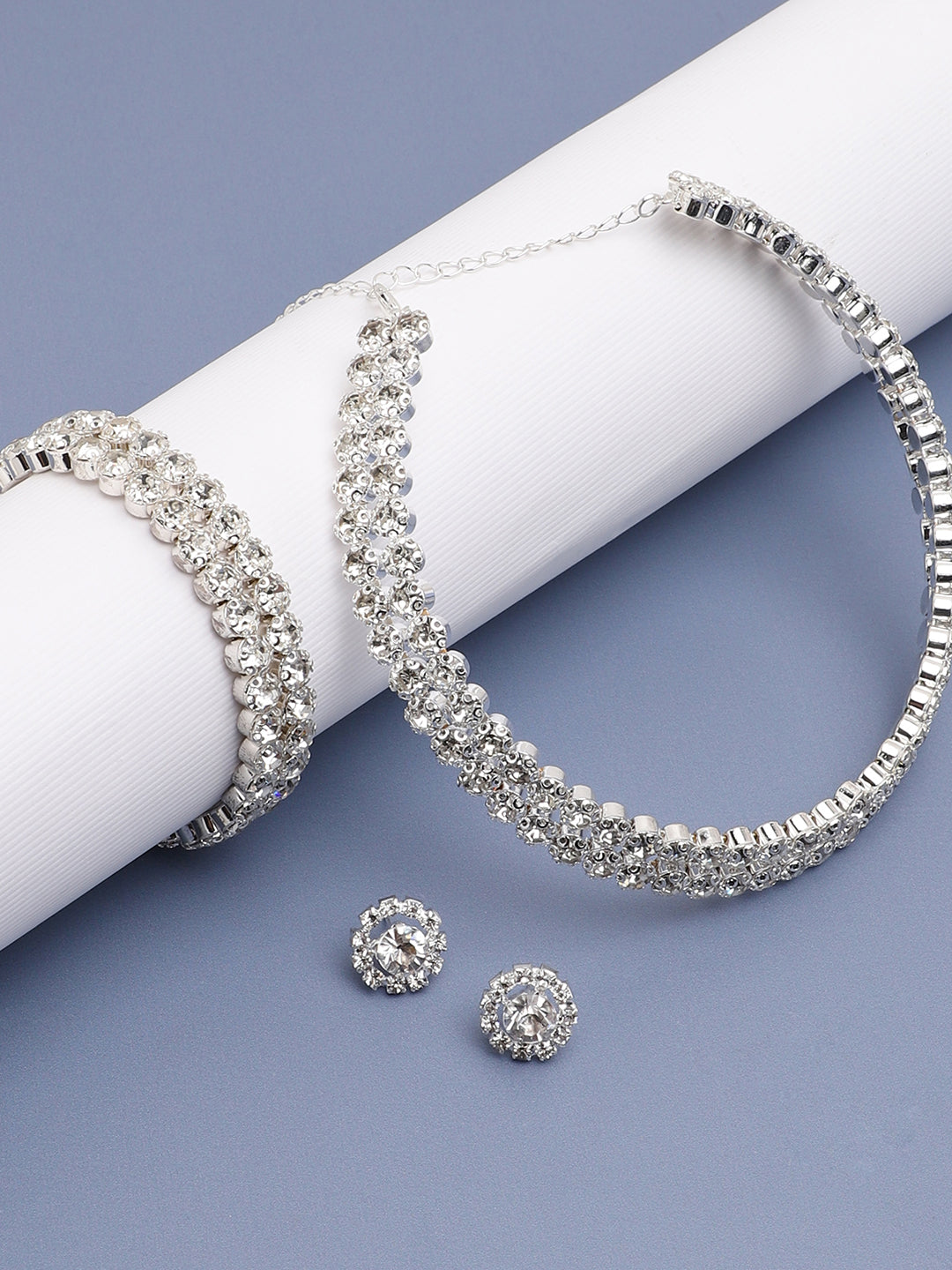 Silver Plated Party Designer Stone Necklace, Earring And Bracelet Set For Women