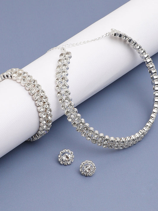 Silver Plated Party Designer Stone Necklace, Earring And Bracelet Set For Women