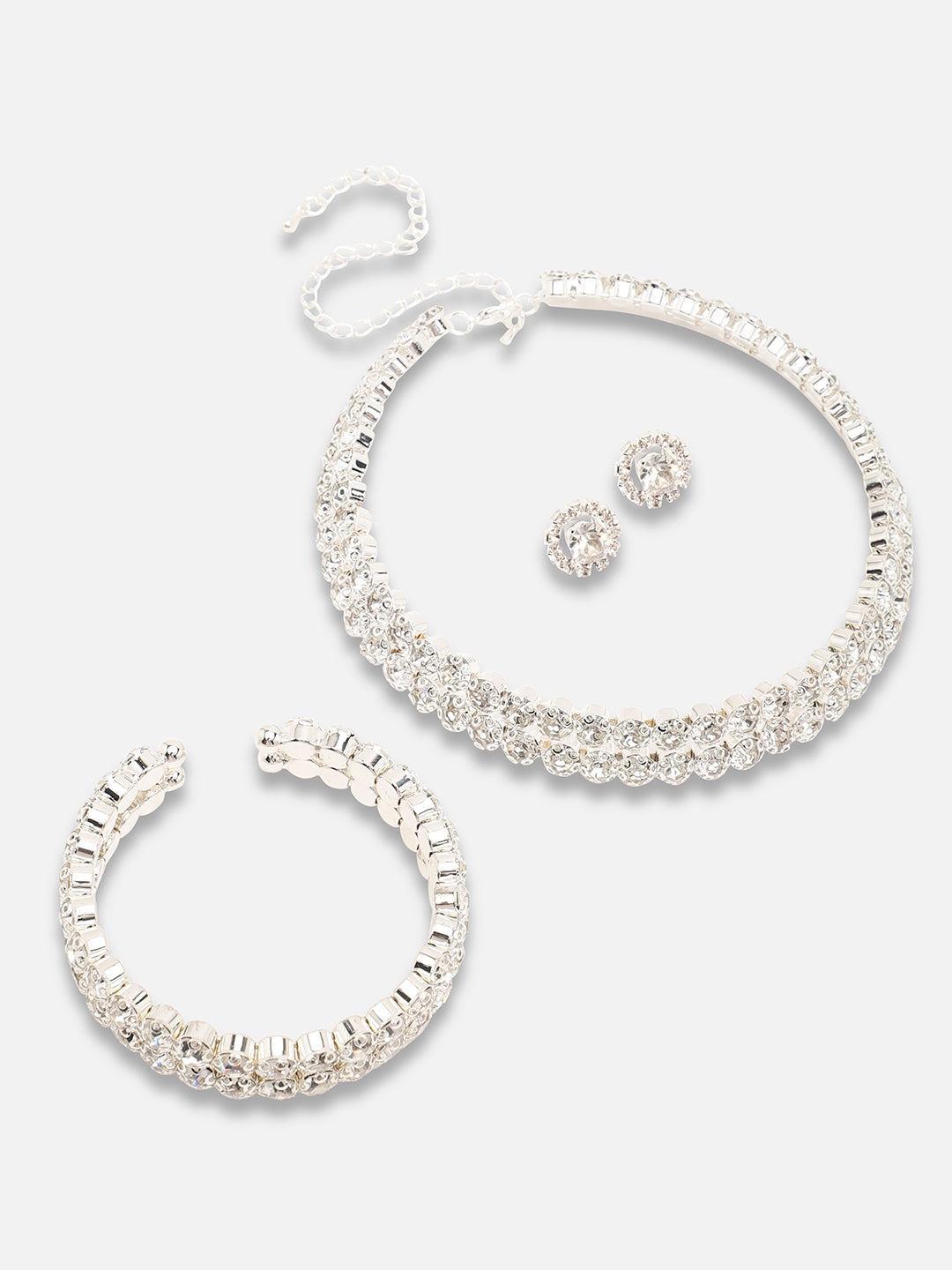 Silver Plated Party Designer Stone Necklace, Earring And Bracelet Set For Women