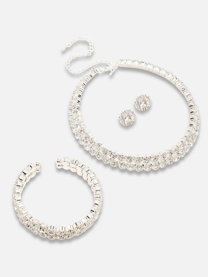 Silver Plated Party Designer Stone Necklace, Earring And Bracelet Set For Women