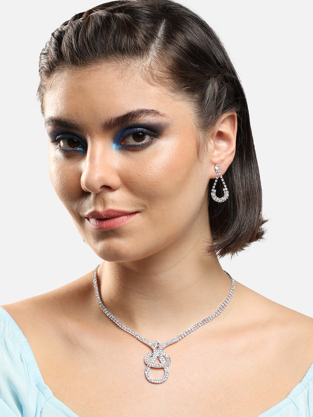 SILVER PLATED PARTY DESIGNER STONE NECKLACE AND EARRING SET FOR WOMEN
