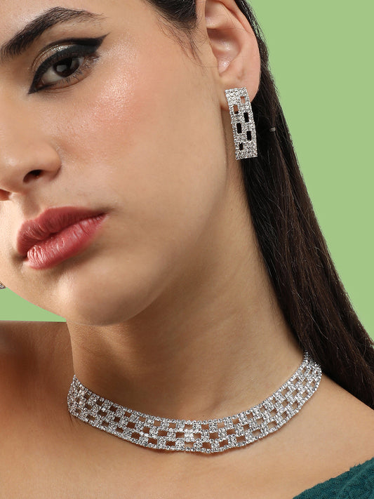 Silver Plated Party Designer Stone Necklace And Earring Set For Women