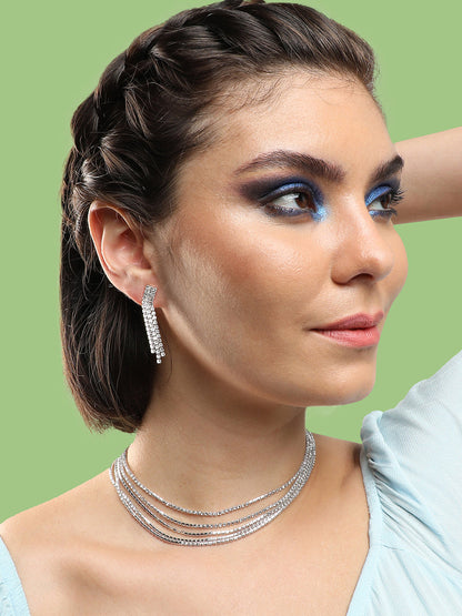 SILVER PLATED PARTY DESIGNER STONE NECKLACE AND EARRING SET FOR WOMEN