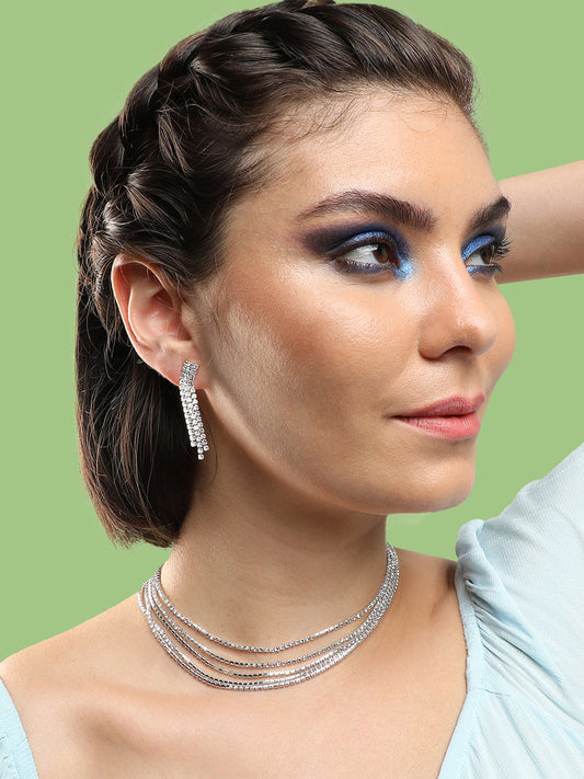 SILVER PLATED PARTY DESIGNER STONE NECKLACE AND EARRING SET FOR WOMEN