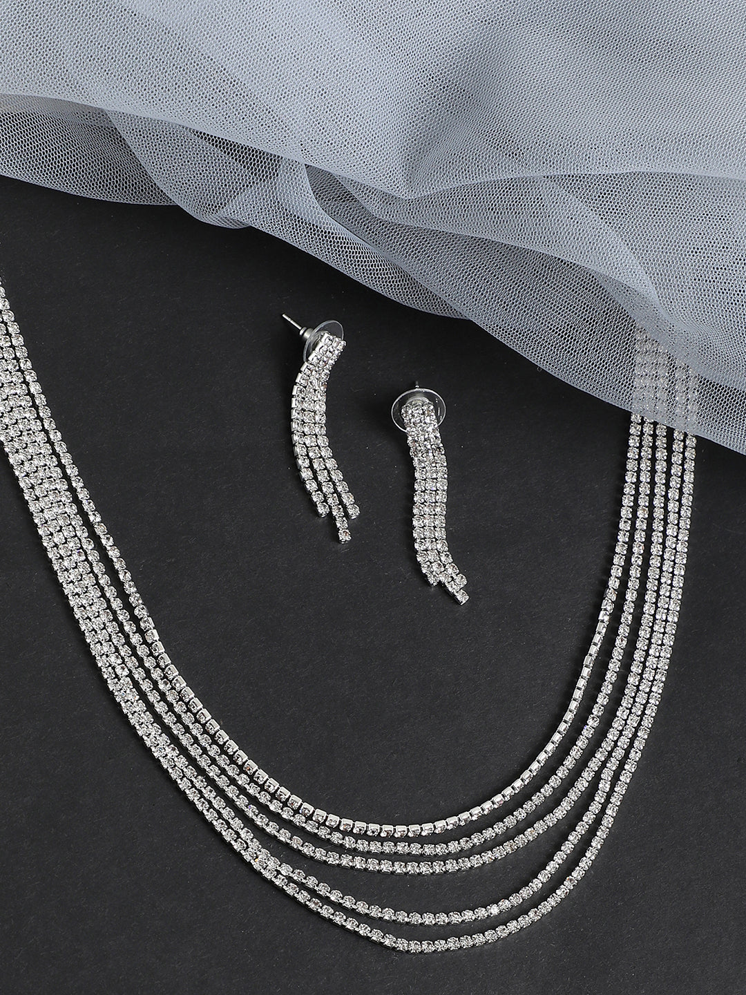 SILVER PLATED PARTY DESIGNER STONE NECKLACE AND EARRING SET FOR WOMEN