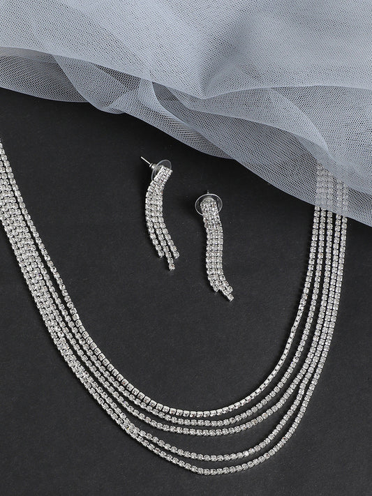 SILVER PLATED PARTY DESIGNER STONE NECKLACE AND EARRING SET FOR WOMEN