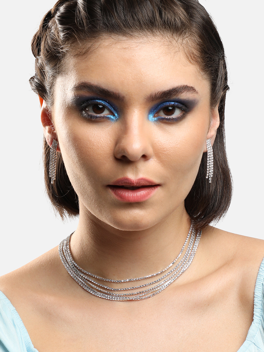 SILVER PLATED PARTY DESIGNER STONE NECKLACE AND EARRING SET FOR WOMEN