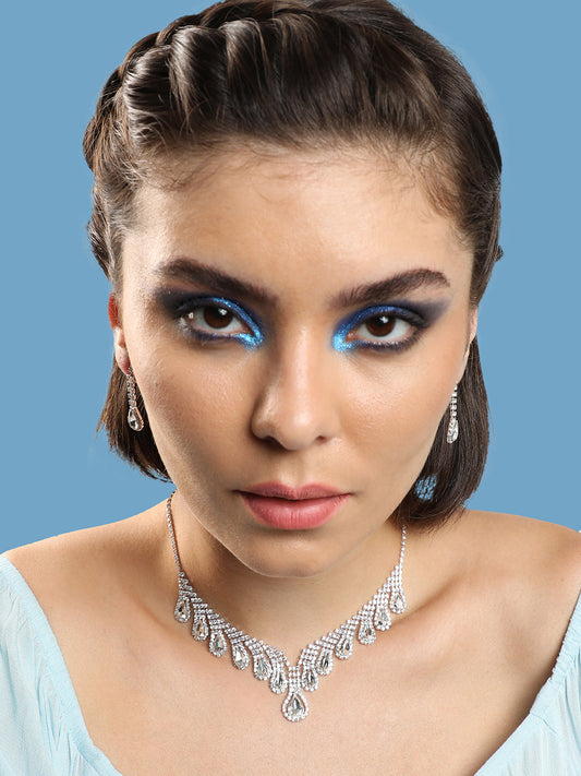 SILVER PLATED PARTY DESIGNER STONE NECKLACE AND EARRING SET FOR WOMEN