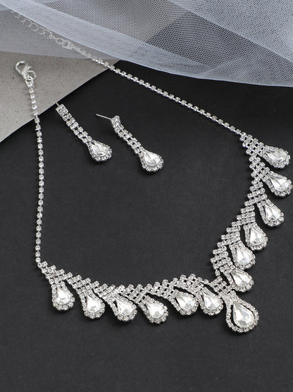SILVER PLATED PARTY DESIGNER STONE NECKLACE AND EARRING SET FOR WOMEN