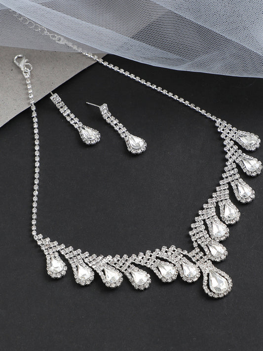 SILVER PLATED PARTY DESIGNER STONE NECKLACE AND EARRING SET FOR WOMEN