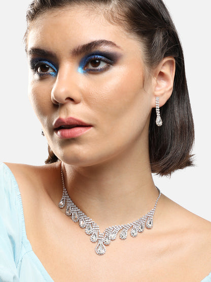 SILVER PLATED PARTY DESIGNER STONE NECKLACE AND EARRING SET FOR WOMEN