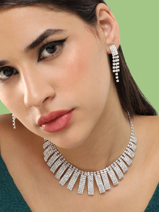 Silver Plated Party Designer Stone Necklace And Earring Set For Women