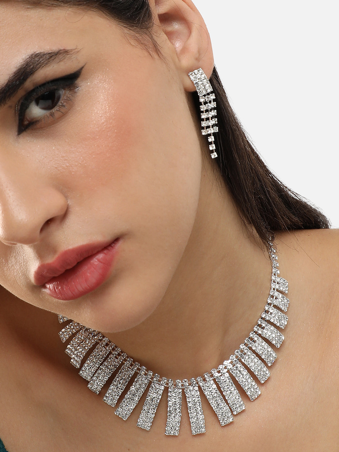 Silver Plated Party Designer Stone Necklace And Earring Set For Women