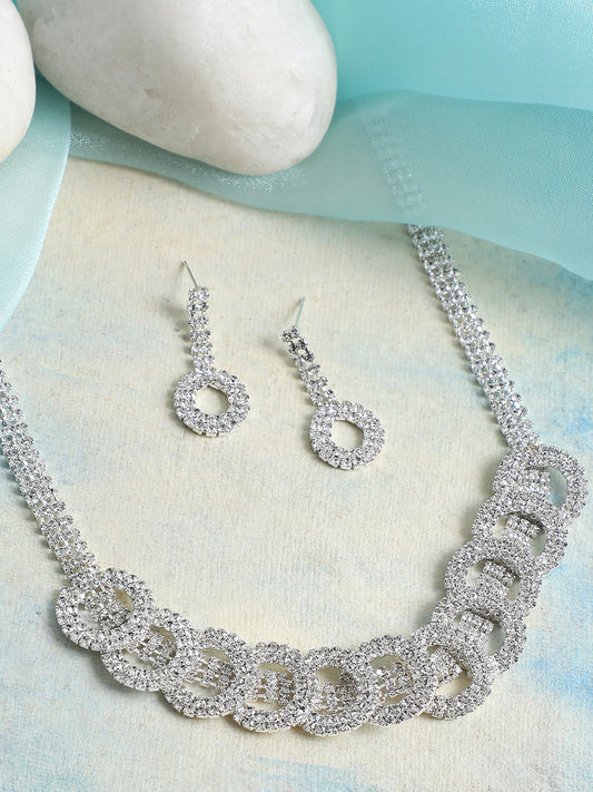 SILVER PLATED PARTY DESIGNER STONE NECKLACE AND EARRING SET FOR WOMEN