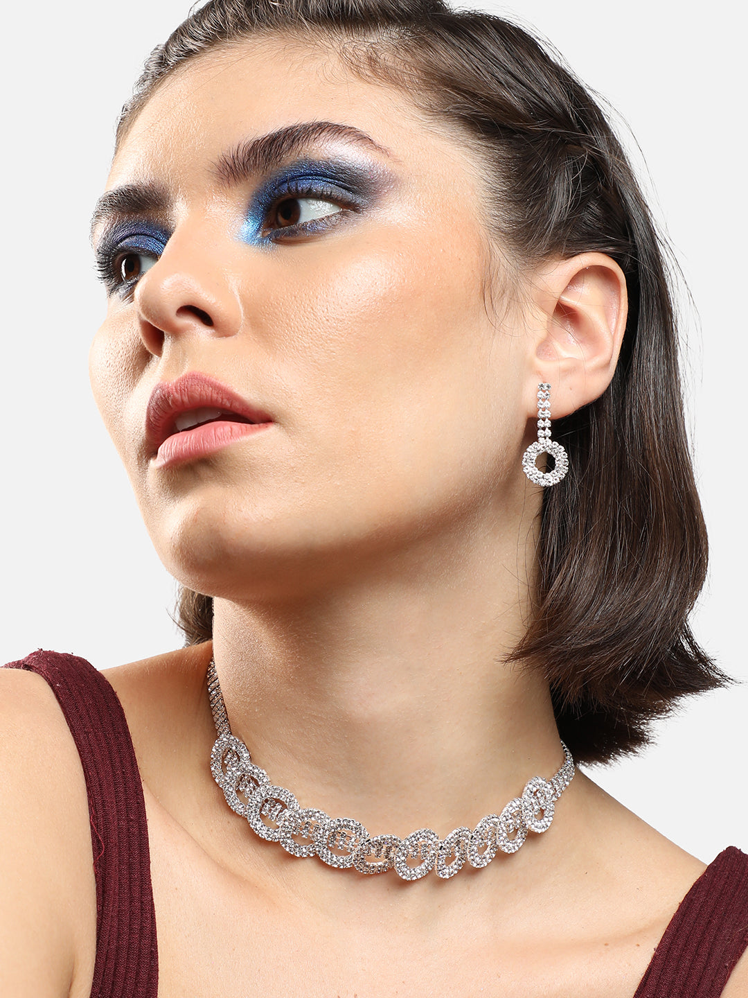 SILVER PLATED PARTY DESIGNER STONE NECKLACE AND EARRING SET FOR WOMEN