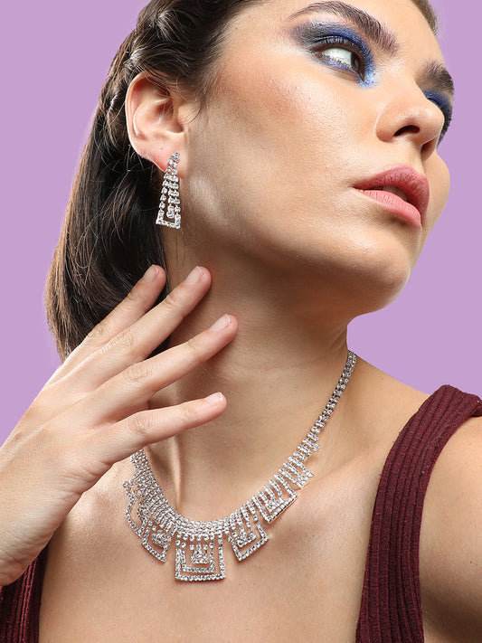SILVER PLATED PARTY DESIGNER STONE NECKLACE AND EARRING SET FOR WOMEN