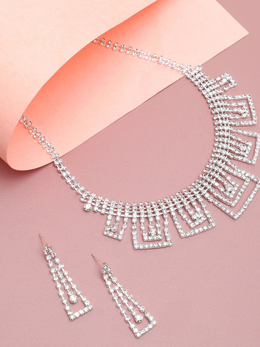 SILVER PLATED PARTY DESIGNER STONE NECKLACE AND EARRING SET FOR WOMEN