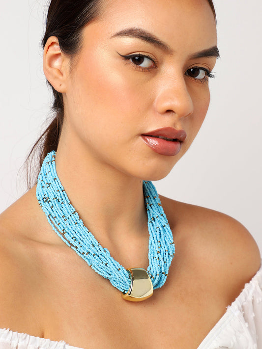Blue Beads Gold Plated Choker Necklace