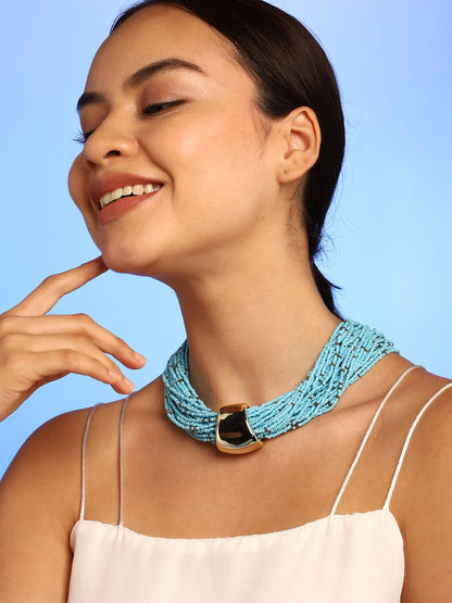Blue Beads Gold Plated Choker Necklace