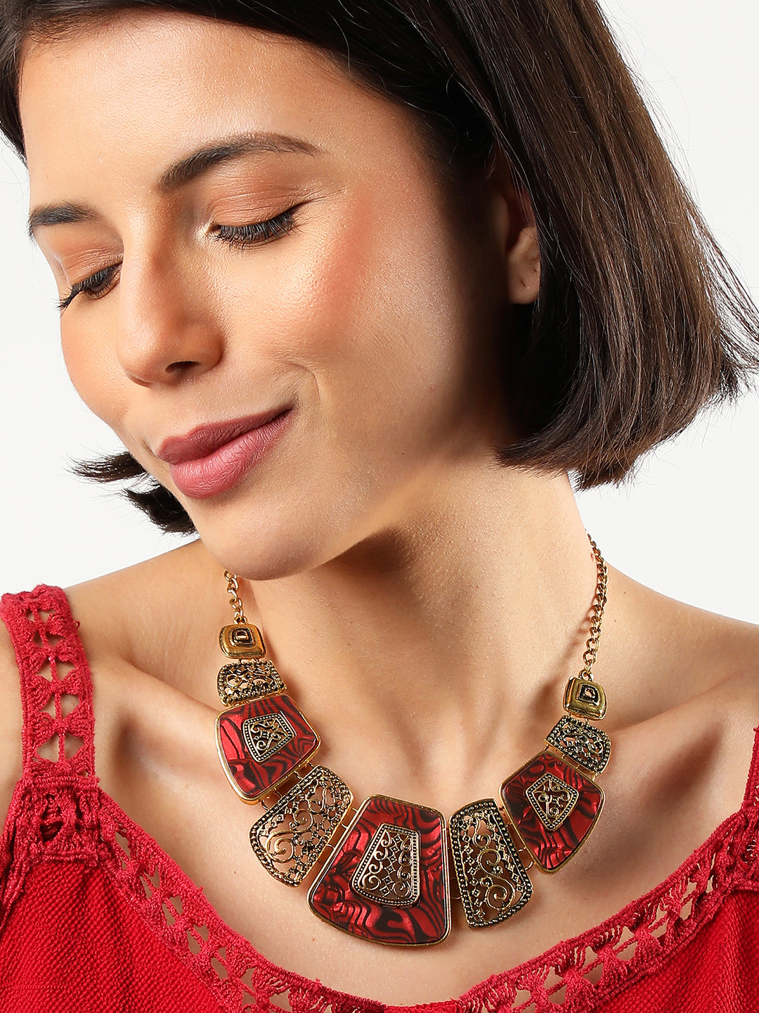 GOLD PLATED RED STONE DESIGNER NECKLACE FOR WOMEN