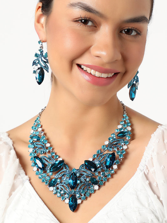SOHI BLUE STONES NECKLACE & EARRING SET