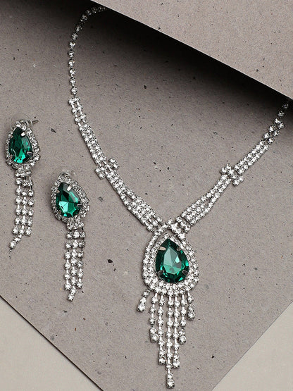 Silver Plated Party Designer Stone Necklace and Earring Set For Women