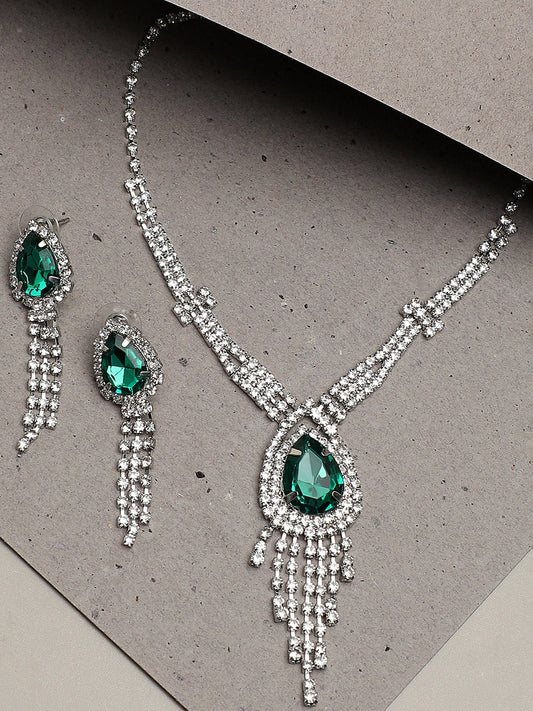 Silver Plated Party Designer Stone Necklace and Earring Set For Women