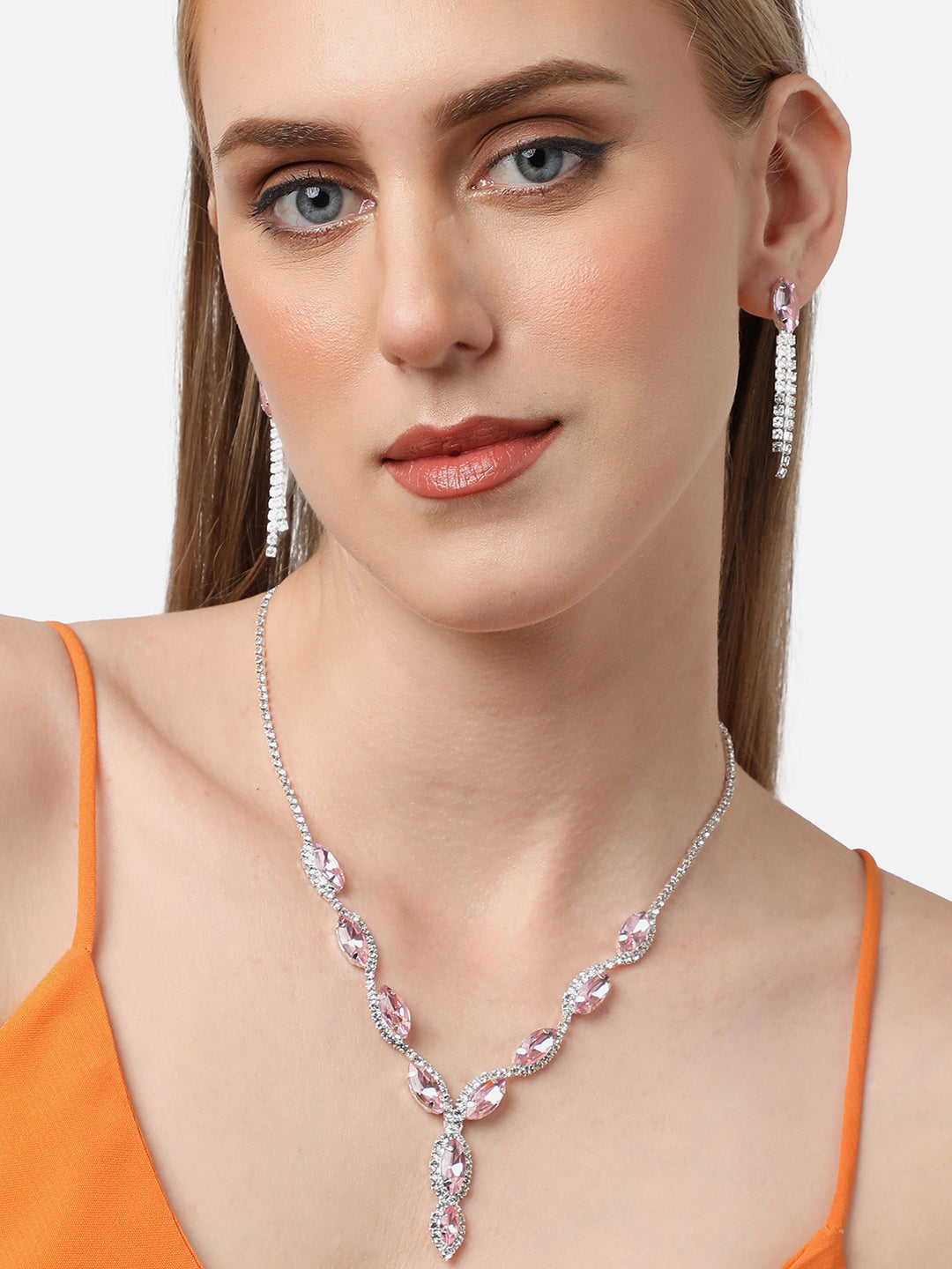 Silver Plated Party Designer Stone Necklace and Earring Set For Women