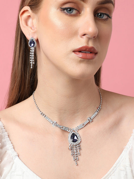 Silver Plated Party Designer Stone Necklace and Earring Set For Women