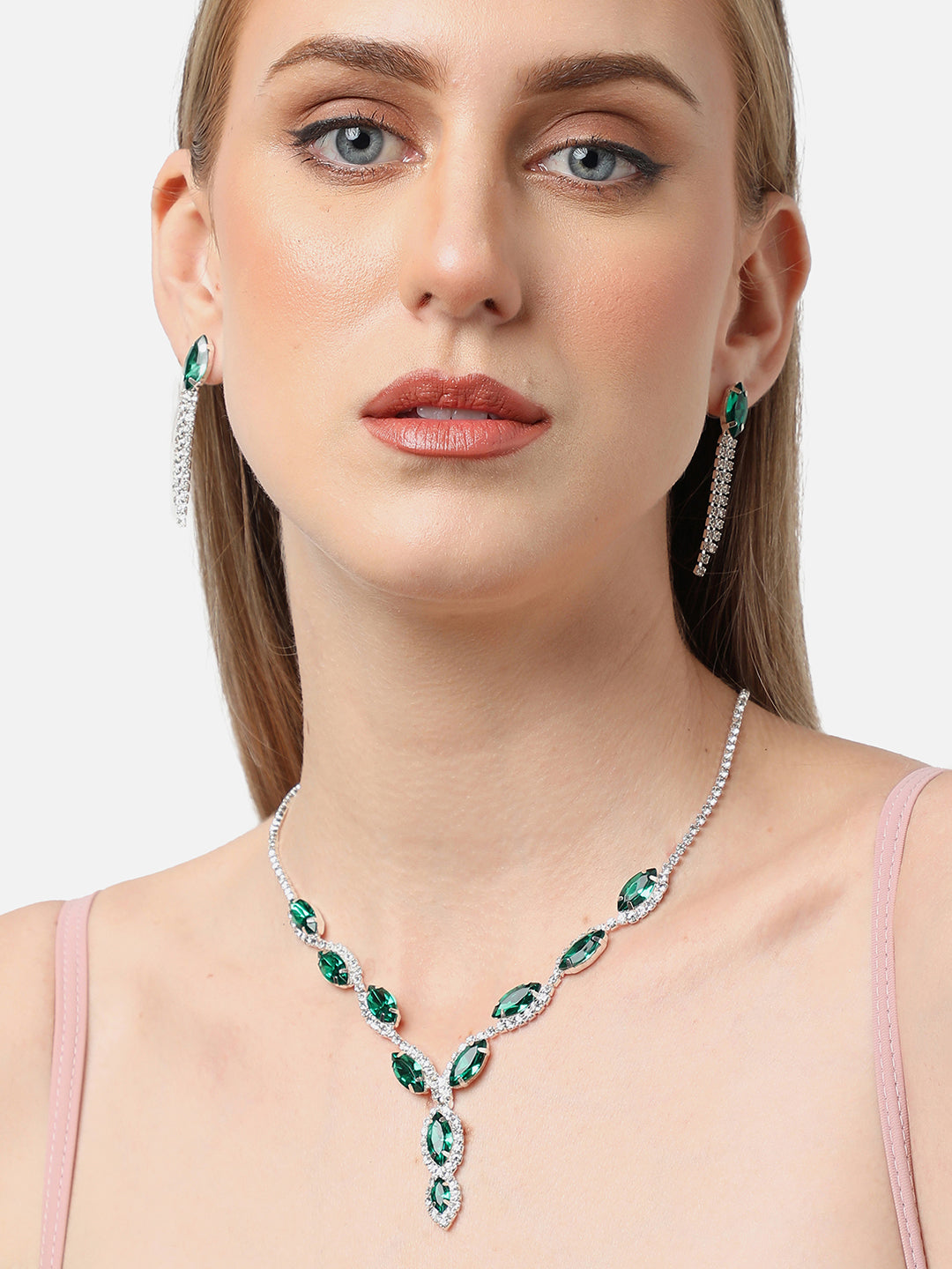 Silver Plated Party Designer Stone Necklace and Earring Set For Women