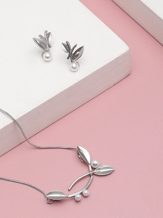 SILVER PLATED PARTY DESIGNER STONE NECKLACE AND EARRING SET FOR WOMEN