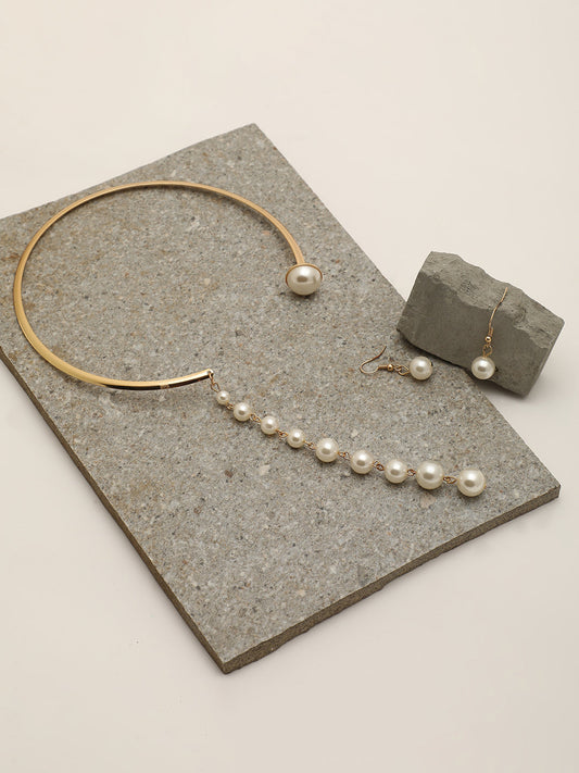 GOLD PLATEDPEARL CHOKER NECKLACE WITH EARRINGS FOR WOMEN AND GIRLS