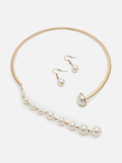 GOLD PLATEDPEARL CHOKER NECKLACE WITH EARRINGS FOR WOMEN AND GIRLS