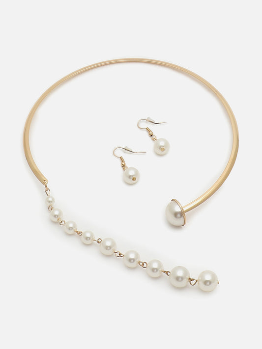 GOLD PLATEDPEARL CHOKER NECKLACE WITH EARRINGS FOR WOMEN AND GIRLS