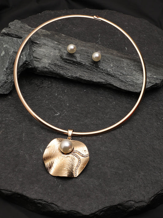 GOLD PLATED CHOKER NECKLACE WITH PEARL EARRINGS FOR WOMEN AND GIRLS