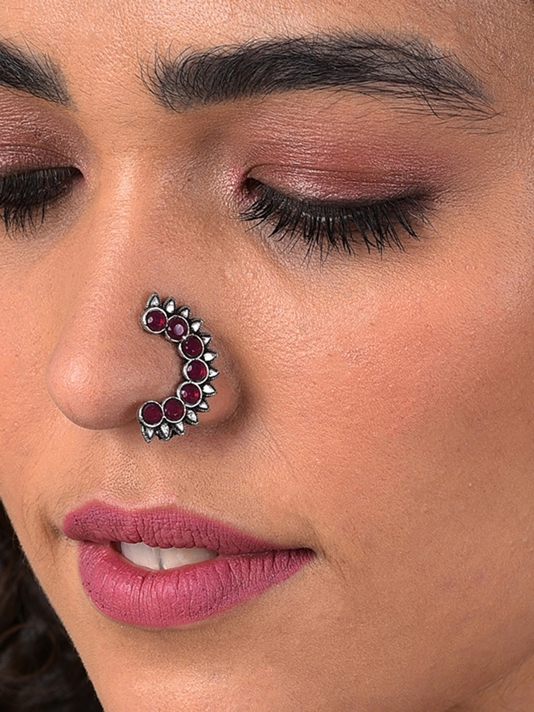 MAROON STONE HALF MOON NOSE PIN