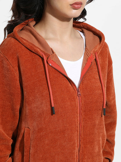 Orange Ribbed Hoodie With Zip-Closure