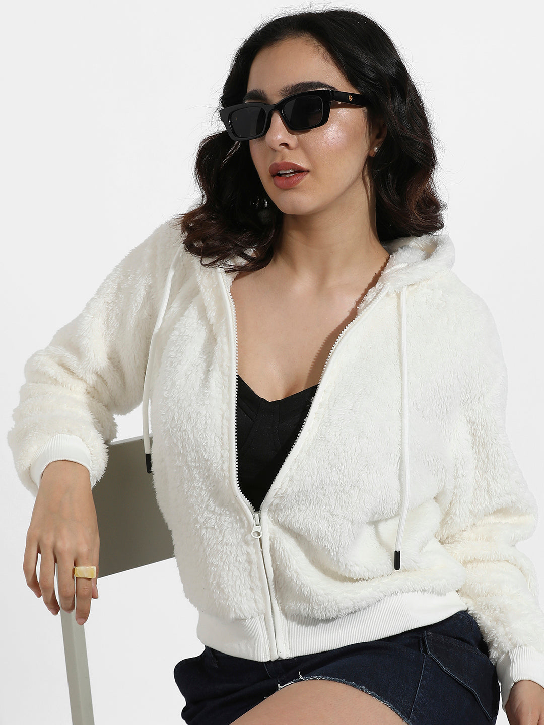 Solid Fleece Hoodie With Ribbed Hem