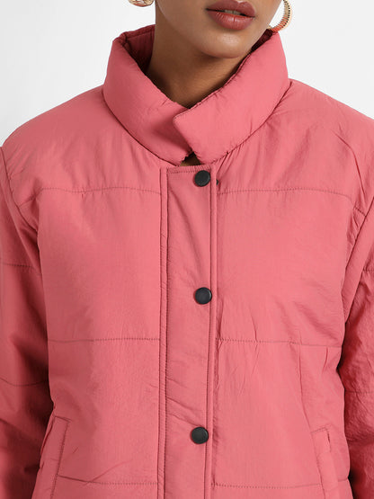 Blush Pink Puffer Jacket With Ribbed Hem
