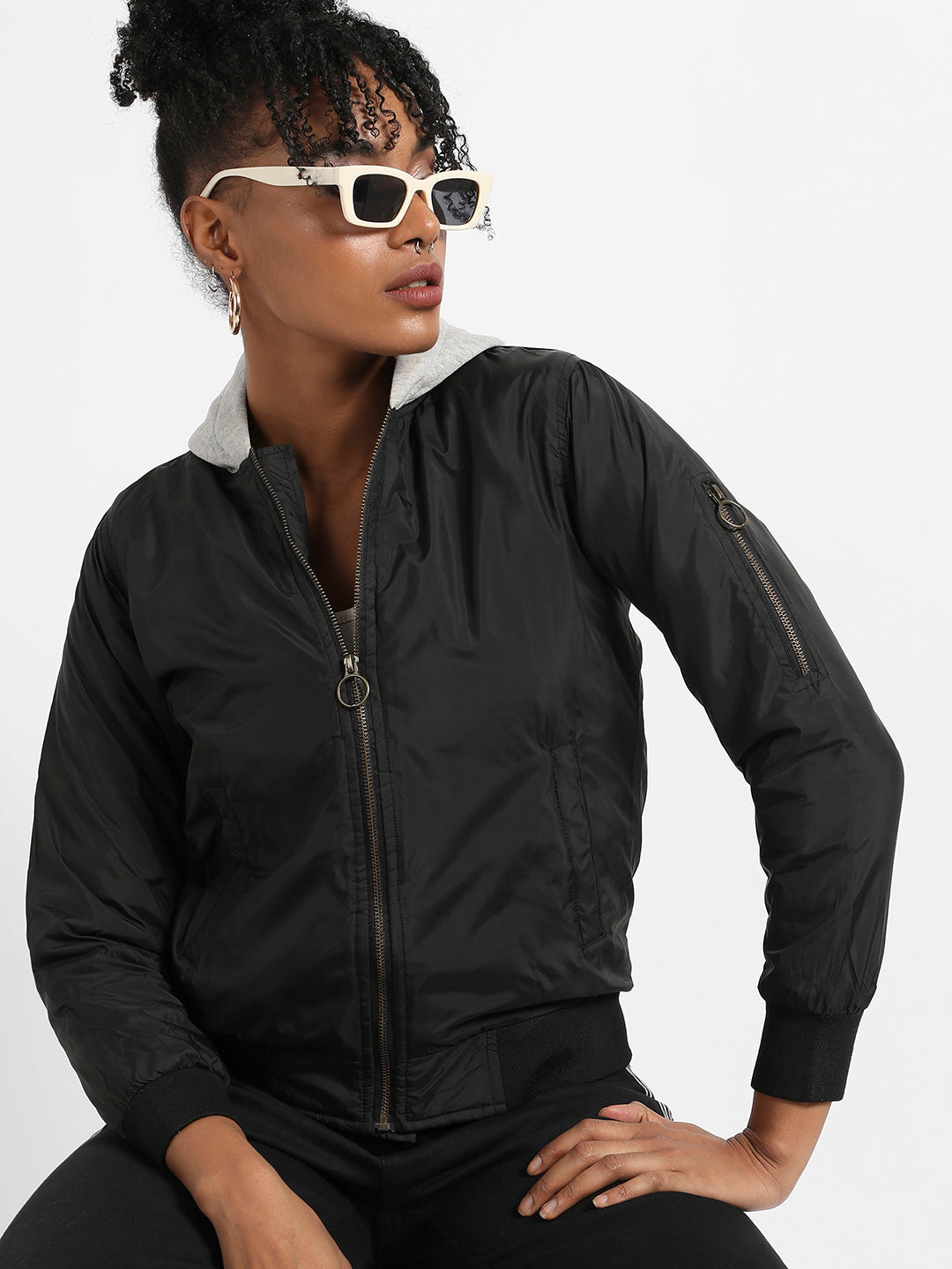Zip-Front Bomber Jacket With Contrast Hood