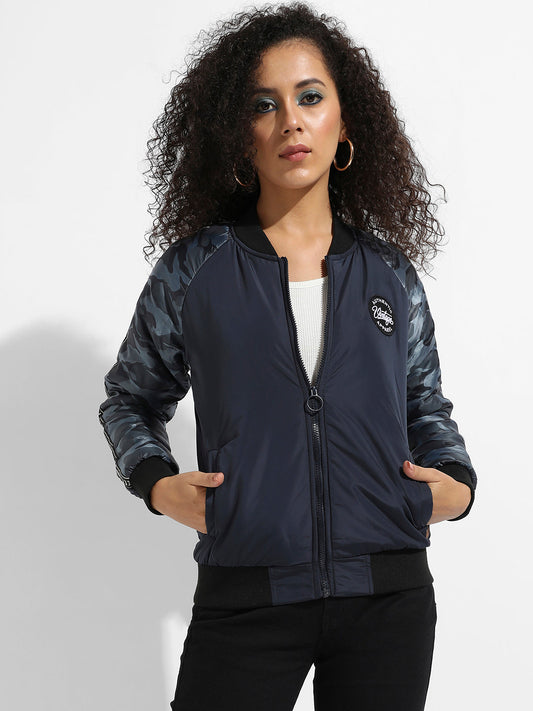 Zip-Front Bomber Jacket With Camouflage Sleeves